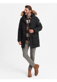 Ombre Clothing - Ocieplana męska długa kurtka parka z rozpinanym dołem – czarna V3 - Rozmiar: XL. Typ kołnierza: kołnierzyk stójkowy. Kolor: czarny. Materiał: guma, tkanina, futro, poliester, materiał, syntetyk. Długość: długie. Wzór: gładki, aplikacja
