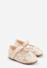 Born2be - Beżowe Siateczkowe Balerinki z Paskiem na Rzep i Haftowanymi Kwiatkami Nasella. Okazja: na uczelnię. Zapięcie: rzepy. Kolor: beżowy. Wzór: haft, kwiaty #4