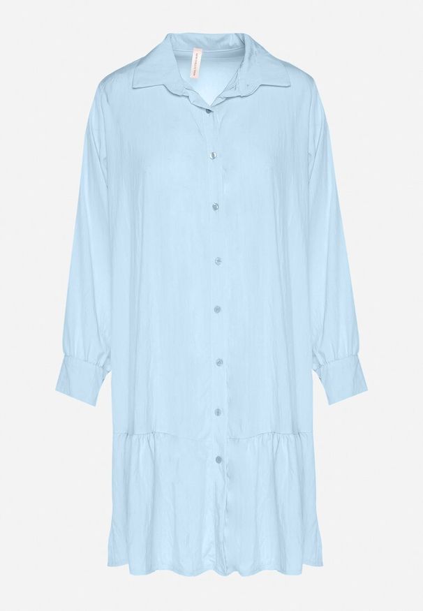 Born2be - Niebieska Sukienka z Wiskozą o Koszulowym Kroju z Falbanką Penzedi. Okazja: na co dzień. Typ kołnierza: kołnierzyk klasyczny. Kolor: niebieski. Materiał: wiskoza. Długość rękawa: długi rękaw. Typ sukienki: koszulowe. Styl: casual, klasyczny, elegancki