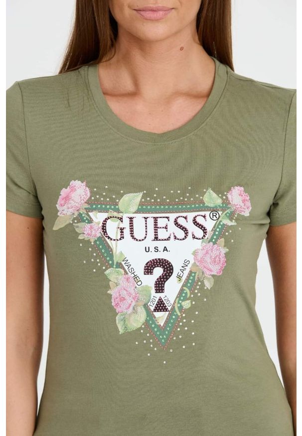 Guess - GUESS Zielony t-shirt Floral Triangle Tee. Kolor: zielony