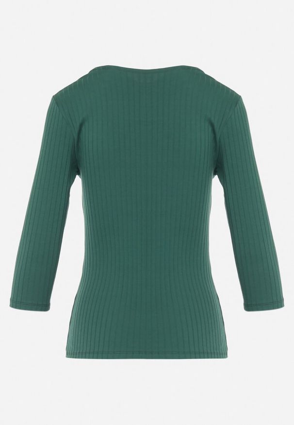 Born2be - Zielona Bawełniana Bluzka z Prążkowanej Dzianiny z Rękawami 3/4 i Wycięciem przy Dekolcie Xireal. Kolor: zielony. Materiał: dzianina, prążkowany, bawełna. Sezon: wiosna, jesień. Styl: elegancki