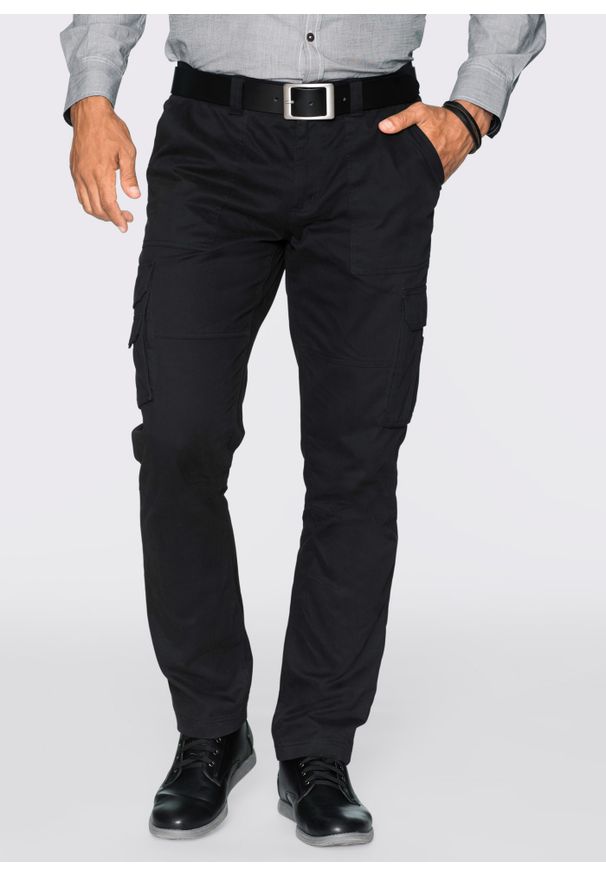 bonprix - Spodnie bojówki z powłoką z teflonu Regular Fit Straight. Kolor: czarny. Styl: klasyczny