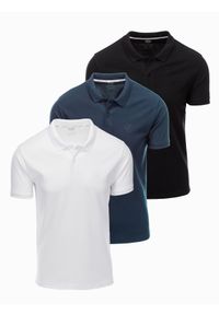 Ombre Clothing - Komplet męskich bawełnianych t-shirtów polo BASIC – czarny/granatowy/biały V1 - Rozmiar: XL. Typ kołnierza: polo. Kolor: biały. Materiał: bawełna. Wzór: melanż, haft. Styl: klasyczny, sportowy