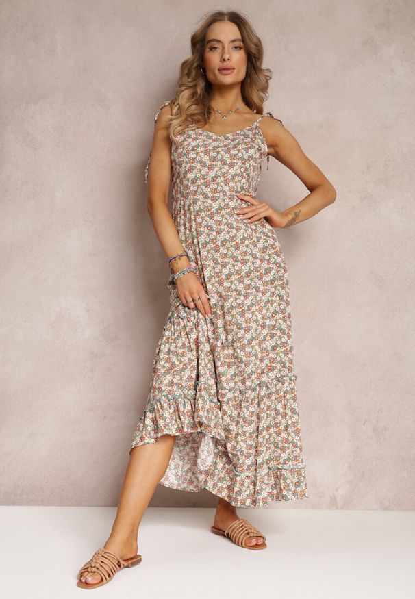 Renee - Biała Sukienka Maxi z Wiązanymi Ramiączkami i Falbanką na Dole Krosby. Kolor: biały. Długość rękawa: na ramiączkach. Sezon: lato. Długość: maxi