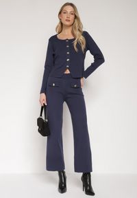 Born2be - Granatowy Dzianinowy Komplet z Wiskozą w Eleganckim Stylu Kardigan i Spodnie Delisana. Kolor: niebieski. Materiał: dzianina, wiskoza #7