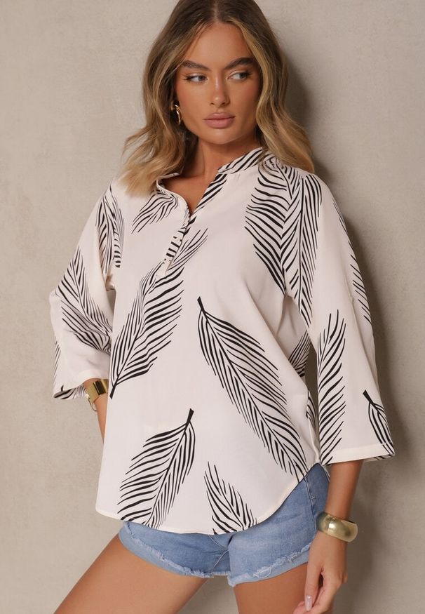 Renee - Jasnobeżowa Koszula z Bawełną i Motywem Liści Lumireline. Okazja: na co dzień. Kolor: beżowy. Materiał: bawełna. Styl: elegancki, casual