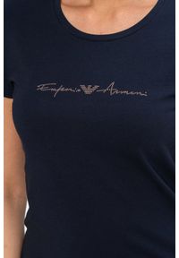 Emporio Armani - EMPORIO ARMANI Granatowy t-shirt damski z kryształkami, Rozmiar XS. Kolor: niebieski. Materiał: prążkowany, bawełna
