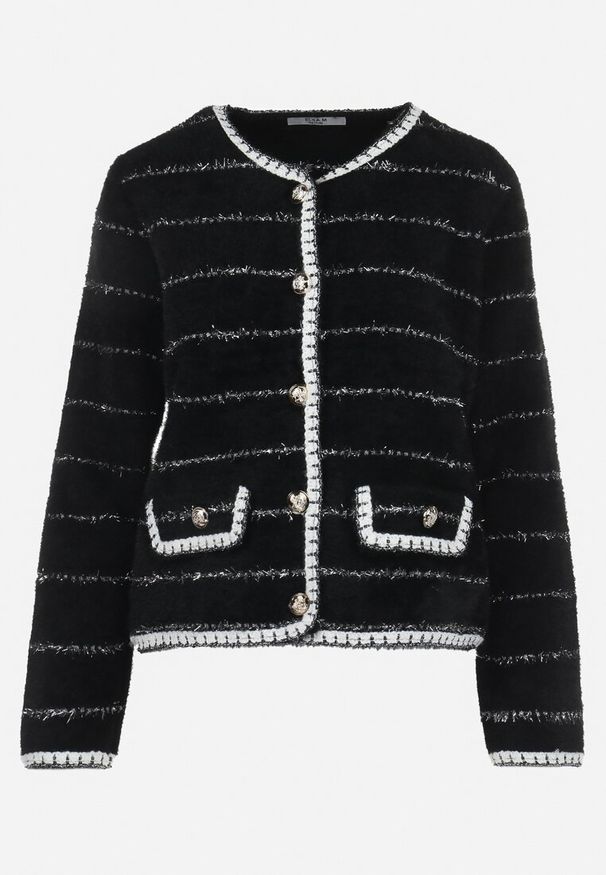 Born2be - Czarny Wiskozowy Kardigan w Metaliczne Paski z Ozdobną Lamówką i Guzikami Uropena. Kolor: czarny. Materiał: wiskoza. Wzór: paski