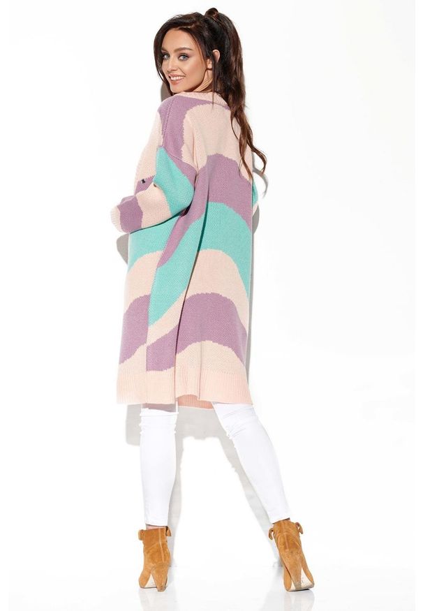 Lemoniade - Oversizowy sweter kardigan z kolorowymi paskami. Okazja: na co dzień. Materiał: akryl. Wzór: kolorowy. Styl: casual