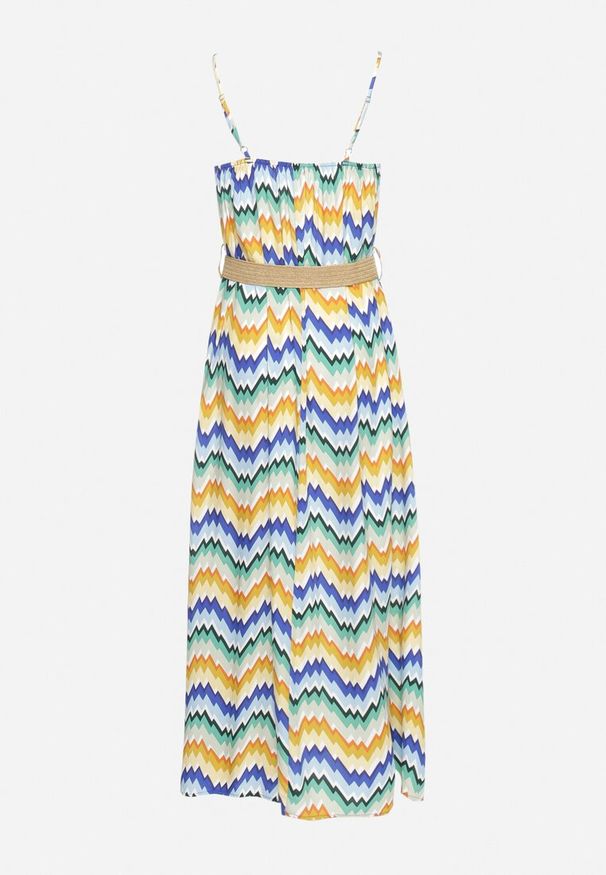 Born2be - Niebiesko-Żółta Sukienka z Wiskozy z Cienkimi Ramiączkami i Paskiem w Talii Vikiri. Okazja: na co dzień, na randkę. Typ kołnierza: dekolt kwadratowy. Kolor: niebieski. Materiał: wiskoza. Długość rękawa: na ramiączkach. Styl: casual