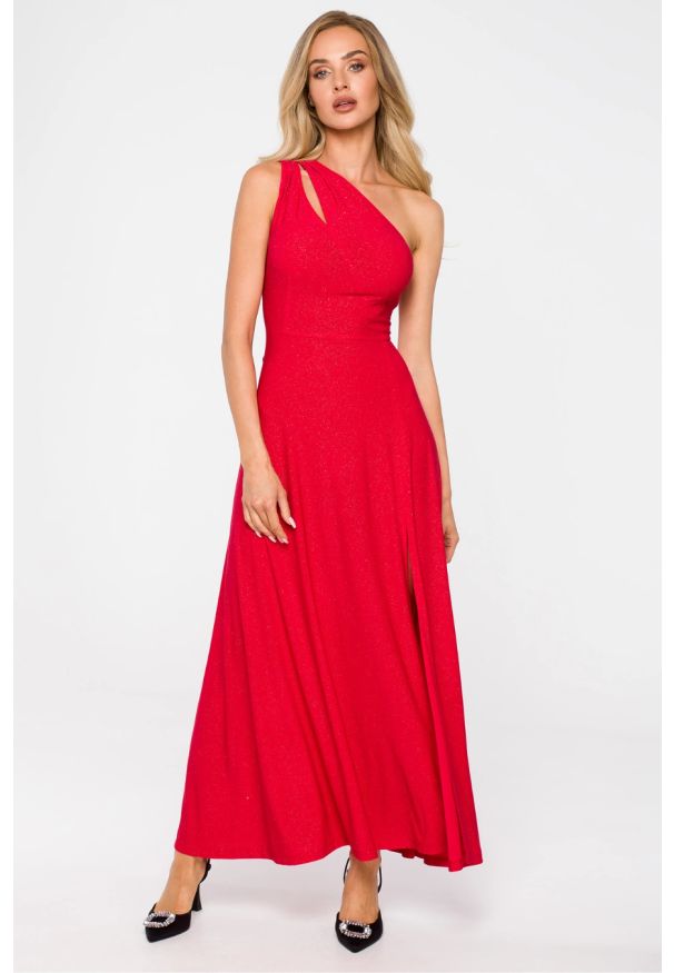 MOE - Suknia wieczorowa długa rozkloszowana z rozcięciem czerwona. Okazja: na studniówkę, na ślub cywilny, na wesele, na imprezę. Kolor: czerwony. Styl: wizytowy. Długość: maxi