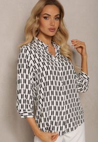 Renee - Biało-Czarna Koszula z Wiskozy i Bawełny w Geometryczny Wzór z Rękawem 3/4 Andromia. Kolor: biały. Materiał: bawełna, wiskoza. Wzór: geometria #5
