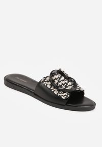 Born2be - Czarne Klapki Ozdobione Plecionką Wstawką i Klamrą Isirreia. Okazja: na co dzień, do pracy. Kolor: czarny. Materiał: jeans, materiał, len. Wzór: aplikacja. Sezon: lato. Styl: casual #2