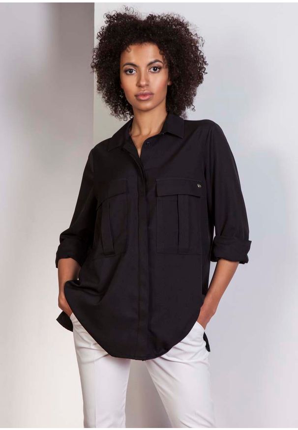 Lanti - Czarna Koszula Oversize z Kieszeniami. Kolor: czarny. Materiał: poliester