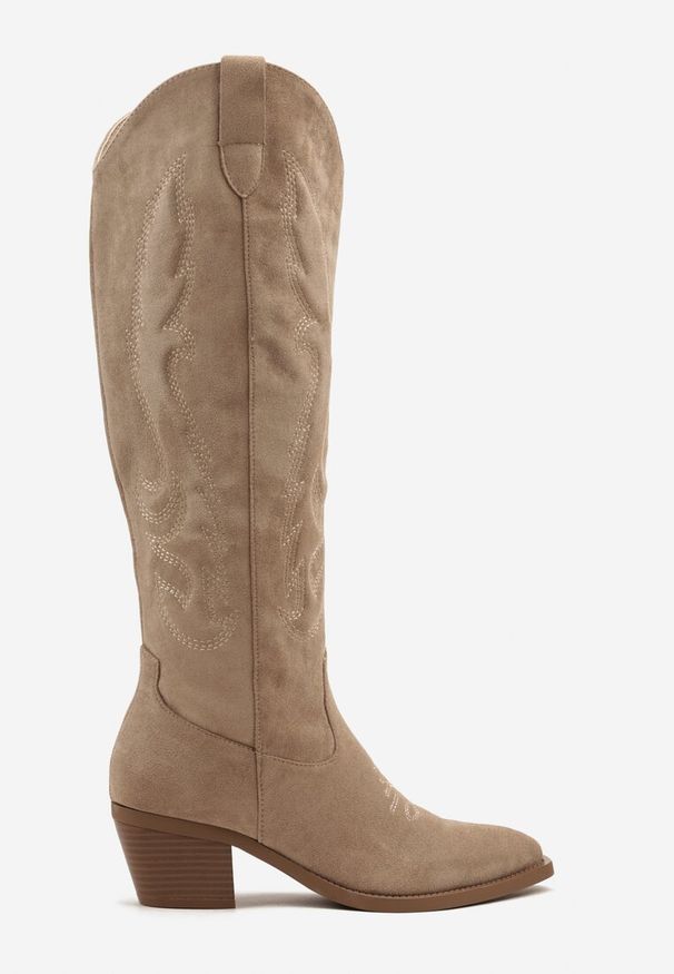 Renee - Ciemnobeżowe Kozaki Kowbojki w Klasycznym Stylu z Imitacji Zamszu Lataselia. Okazja: na co dzień. Nosek buta: szpiczasty. Kolor: beżowy. Materiał: zamsz. Obcas: na obcasie. Styl: klasyczny. Wysokość obcasa: średni