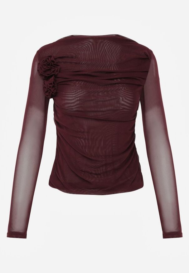 Renee - Bordowa Marszczona Bluzka z Siateczki Zdobiona Aplikacją w Kształcie Róży Olirisa. Okazja: na co dzień. Kolor: czerwony. Materiał: bawełna, jeans. Wzór: aplikacja. Styl: casual