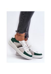S.Barski Sneakersy Skórzane Damskie D&A LR110 Zielono-Białe zielone. Kolor: zielony. Materiał: skóra. Sezon: wiosna, lato. Obcas: na platformie