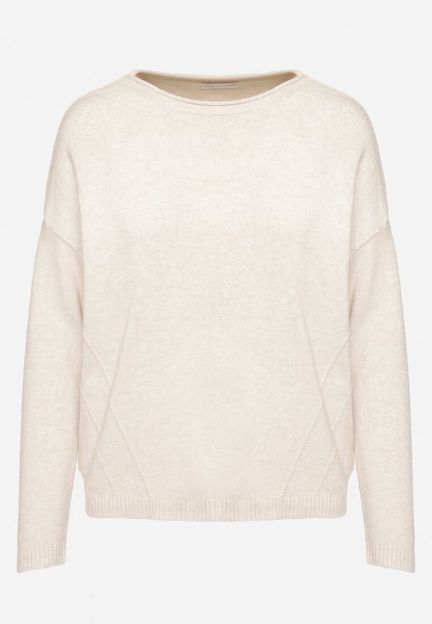 Born2be - Jasnobeżowy Sweter z Ozdobnymi Guzikami i Cyrkoniami Rerilina. Okazja: na co dzień. Kolor: beżowy. Materiał: jeans. Długość rękawa: długi rękaw. Długość: długie. Wzór: aplikacja. Styl: klasyczny, casual