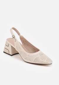 Renee - Beżowe Ażurowe Czółenka VICES na Słupku Slingback Elinona. Kolor: beżowy. Materiał: satyna. Szerokość cholewki: normalna. Wzór: ażurowy. Obcas: na słupku #3