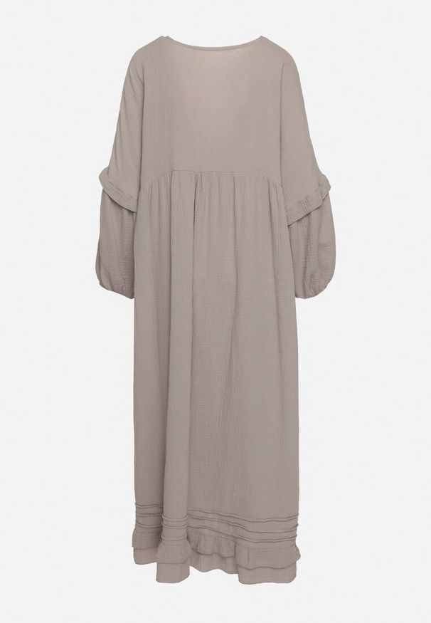 Born2be - Ciemnobeżowa Bawełniana Muślinowa Sukienka Ozdobiona Falbanką Perisea. Okazja: na co dzień. Typ kołnierza: dekolt w kształcie V. Kolor: beżowy. Materiał: bawełna. Wzór: aplikacja. Typ sukienki: proste. Styl: casual