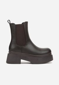 Renee - Brązowe Botki Sztyblety na Platformie Tevirka. Zapięcie: pasek. Kolor: brązowy. Materiał: satyna, jeans. Obcas: na platformie #2