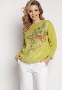 MKM - Lekki Sweter z Kwiatowym Nadrukiem - Zielony. Kolor: zielony. Materiał: akryl. Wzór: nadruk, kwiaty