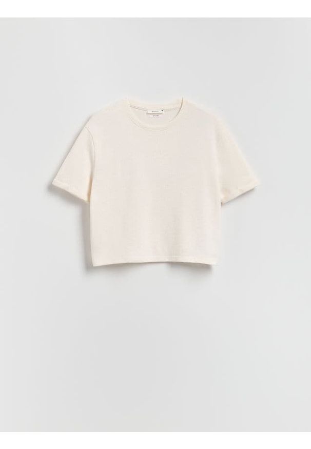 Reserved - Dzianinowy t-shirt z bawełną - złamana biel. Materiał: bawełna, dzianina