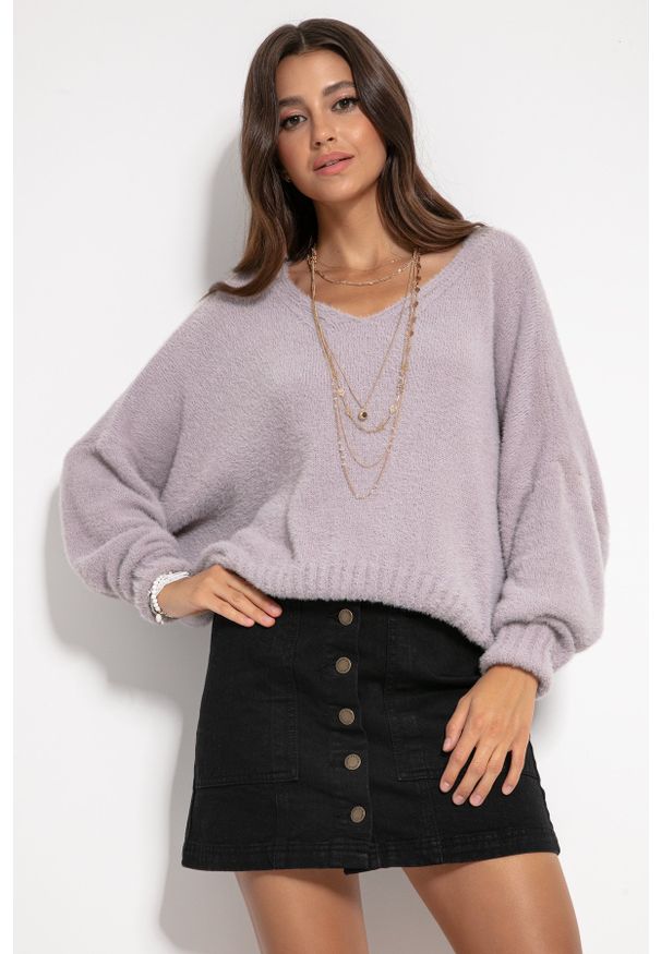 Fobya - Milutki Sweter Oversize z Dekoltem V - Fioletowy. Kolor: fioletowy. Materiał: nylon, elastan, poliamid, wiskoza