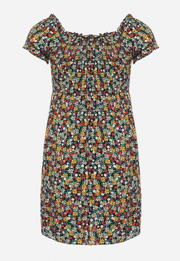 Born2be - Czarno-Zielona Wiskozowa Sukienka w Kwiaty Typu Hiszpanka z Gumką w Talii Revemia. Typ kołnierza: dekolt hiszpanka. Kolor: czarny. Materiał: wiskoza. Wzór: kwiaty. Sezon: wiosna. Typ sukienki: z odkrytymi ramionami