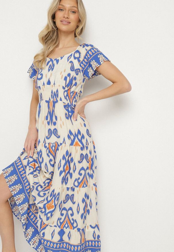 Born2be - Niebieska Wiskozowa Sukienka z Geometrycznym Wzorem Cleanna. Okazja: na spacer, na co dzień. Kolor: niebieski. Materiał: wiskoza. Wzór: geometria. Typ sukienki: proste. Styl: casual, elegancki