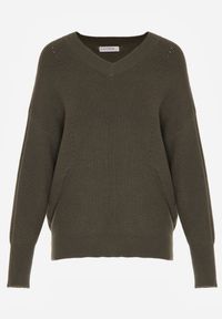 Born2be - Ciemnozielony Sweter z Domieszką Kaszmiru z Dekoltem w Serek Feralaine. Okazja: na co dzień, na spotkanie biznesowe. Typ kołnierza: dekolt w serek. Kolor: zielony. Materiał: kaszmir. Styl: biznesowy, klasyczny, casual, elegancki #3
