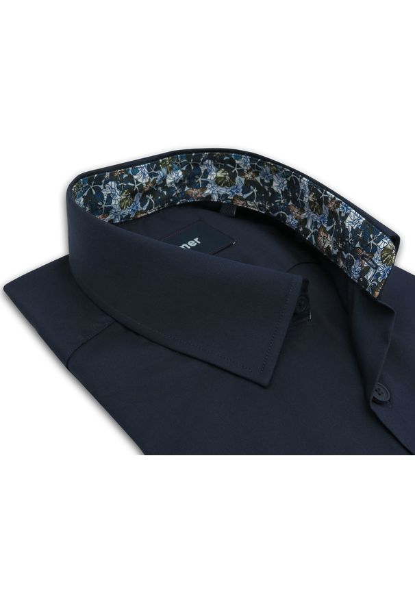 Mmer / Villaro - Koszule męskie - Granatowa koszula z kontrastem w kwiaty F020. Typ kołnierza: kołnierzyk klasyczny. Kolor: niebieski. Materiał: bawełna, poliester, tkanina. Długość: długie. Wzór: kwiaty. Styl: klasyczny