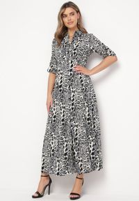 Born2be - Szaro-Granatowa Sukienka Adolia. Kolor: szary. Długość rękawa: długi rękaw. Wzór: motyw zwierzęcy. Typ sukienki: koszulowe. Długość: maxi #1