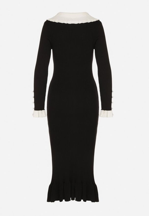 Born2be - Czarna Dzianinowa Sukienka Retro z Wiskozą z Kołnierzykiem i Falbanami Hanlira. Okazja: na co dzień. Kolor: czarny. Materiał: wiskoza, dzianina. Styl: retro