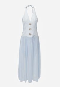 Renee - Niebieska Sukienka z Dekoltem Halter i Ozodbymi Guzikami z Przodu Nesia. Typ kołnierza: dekolt halter. Kolor: niebieski #2