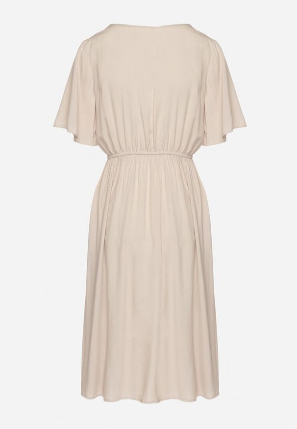 Born2be - Beżowa Bawełniana Sukienka o Rozkloszowanym Fasonie Liranelle. Okazja: na co dzień. Typ kołnierza: dekolt w kształcie V. Kolor: beżowy. Materiał: bawełna. Długość rękawa: krótki rękaw. Sezon: lato. Typ sukienki: rozkloszowane. Styl: elegancki, casual