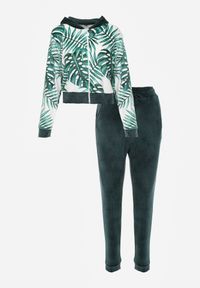 Renee - Ciemnozielony Welurowy Komplet Dresowy z Wzorzystą Bluzą z Kapturem i Joggerami Rouviana. Kolor: zielony. Materiał: welur, dresówka #5