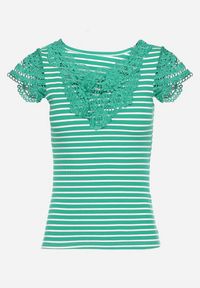 Born2be - Zielony Bawełniany T-shirt w Paski z Koronkowymi Wstawkami Idamarie. Kolor: zielony. Materiał: bawełna, koronka. Wzór: paski. Sezon: lato
