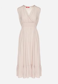 Born2be - Beżowa Wiskozowa Sukienka o Kopertowym Kroju z Falbanką Uliria. Kolor: beżowy. Materiał: wiskoza. Typ sukienki: kopertowe. Styl: elegancki #7