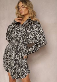 Renee - Czarna Pudełkowa Sukienka Mini z Wiązanym Paskiem Iina. Kolor: czarny. Materiał: satyna, tkanina, materiał. Wzór: kwiaty. Długość: mini