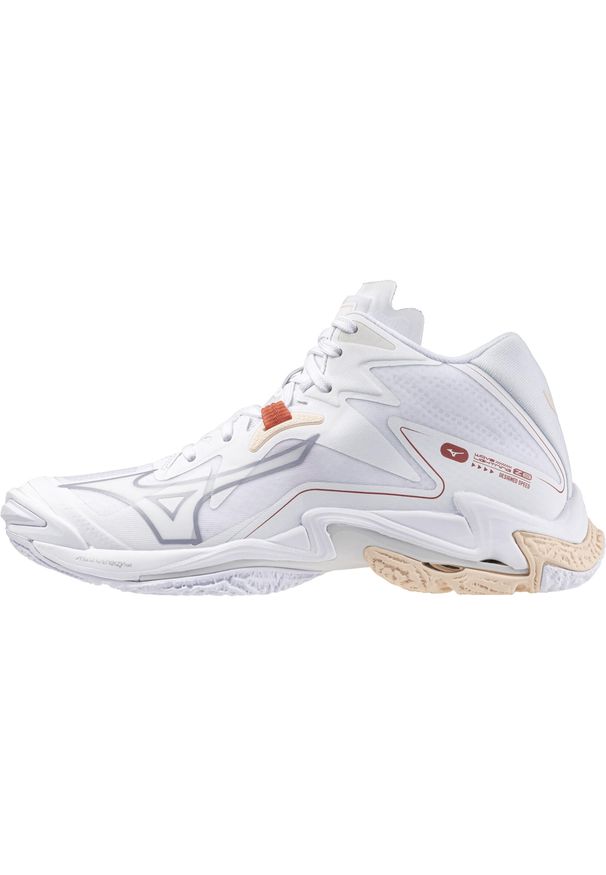 Damskie buty halowe Mizuno Wave Lightning Z Mid. Zapięcie: sznurówki. Kolor: wielokolorowy, biały, różowy. Materiał: materiał. Szerokość cholewki: normalna. Model: Mizuno Wave. Sport: siatkówka