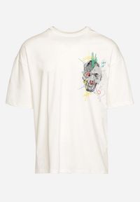 Born2be - Biała Koszulka z Krótkim Rękawem T-Shirt z Nadrukiem z Przodu i na Plecach Franestia. Okazja: na co dzień. Kolor: biały. Materiał: jeans. Długość rękawa: krótki rękaw. Długość: krótkie. Wzór: nadruk. Styl: casual, elegancki