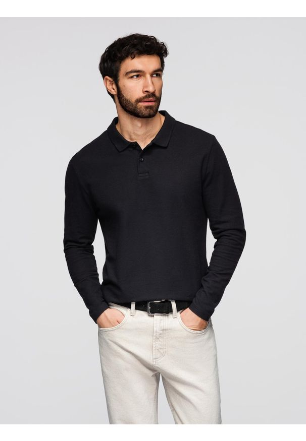 Ombre Clothing - Longsleeve męski z kołnierzykiem polo BASIC – czarny V2 - Rozmiar: M. Okazja: na co dzień, na spotkanie biznesowe, do pracy. Typ kołnierza: polo. Kolor: czarny. Materiał: jeans, materiał, bawełna, dzianina. Długość rękawa: długi rękaw. Długość: długie. Styl: biznesowy, casual, wizytowy