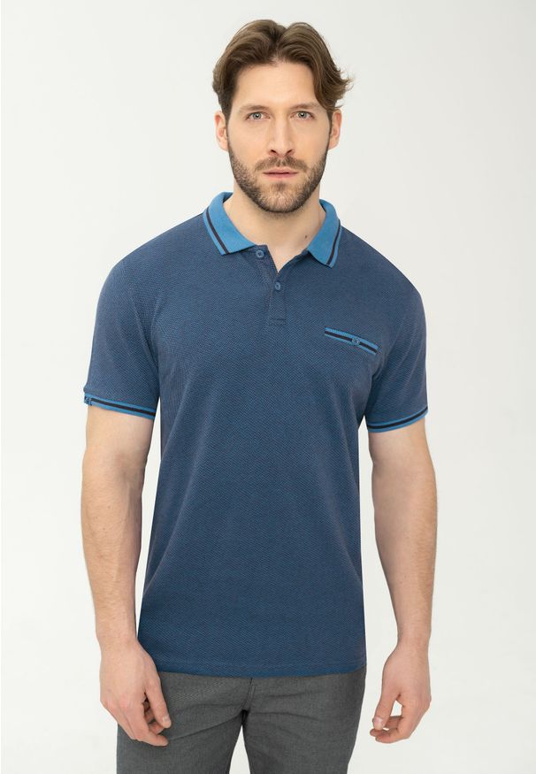 Volcano - Polówka męska w jodełkę T-WERTO. Typ kołnierza: polo. Kolor: niebieski. Materiał: materiał, bawełna, dzianina, włókno, prążkowany, jeans. Długość rękawa: krótki rękaw. Długość: krótkie. Wzór: jodełka. Styl: elegancki