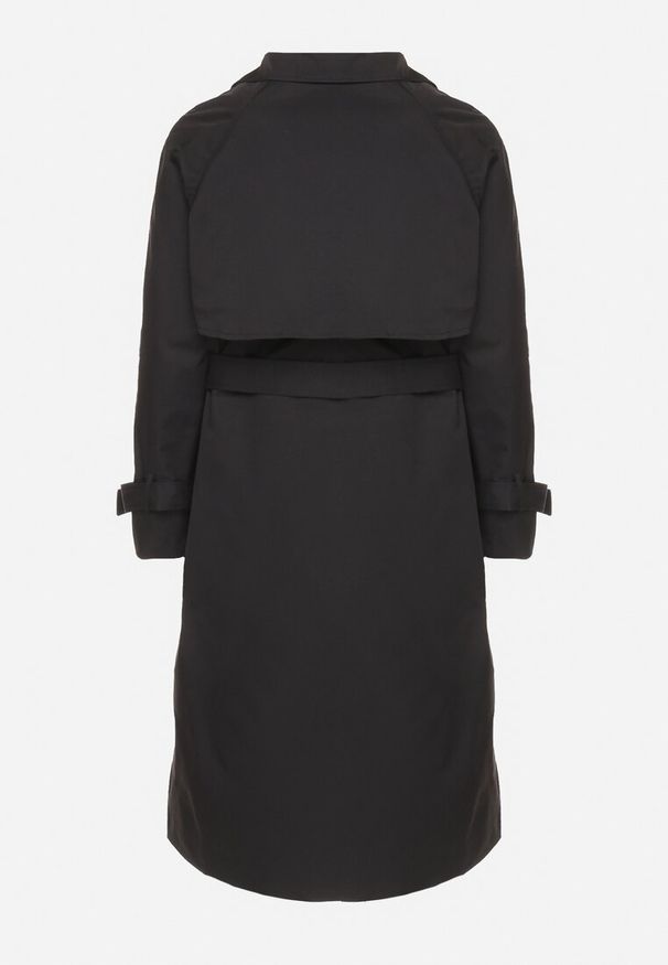 Born2be - Czarny Płaszcz w Stylu Trencza Ozdobiony Paskiem z Klamrą Ninellira. Kolor: czarny. Materiał: jeans. Długość rękawa: długi rękaw. Długość: długie. Wzór: aplikacja. Styl: klasyczny, elegancki