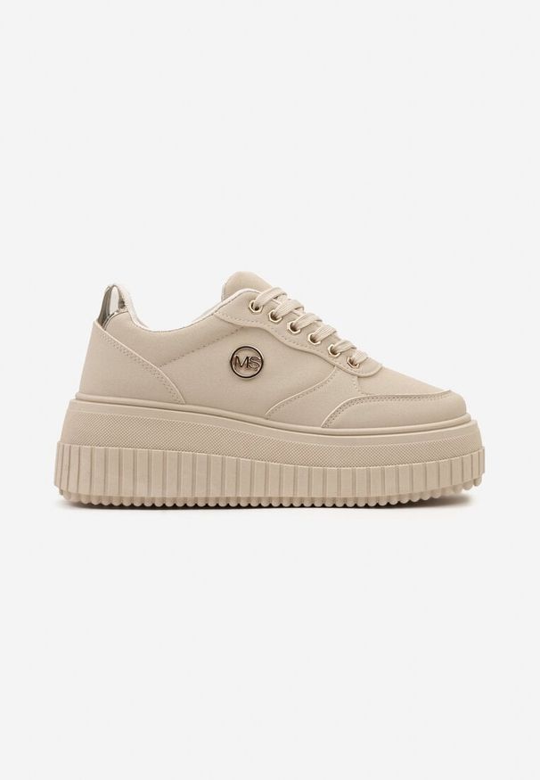 Born2be - Jasnobeżowe Sneakersy na Platformie z Tłoczeniem i Metaliczną Wstawką Alcyhen. Okazja: na co dzień. Kolor: beżowy. Materiał: jeans, skóra. Wzór: aplikacja. Obcas: na platformie