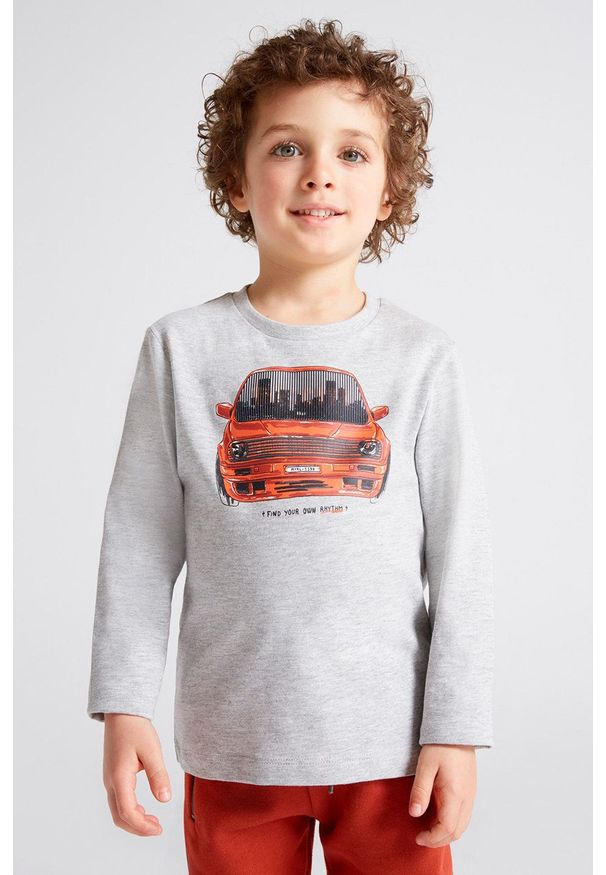 Mayoral longsleeve dziecięcy kolor szary z nadrukiem. Okazja: na co dzień. Kolor: szary. Materiał: bawełna. Długość rękawa: długi rękaw. Wzór: nadruk. Styl: casual