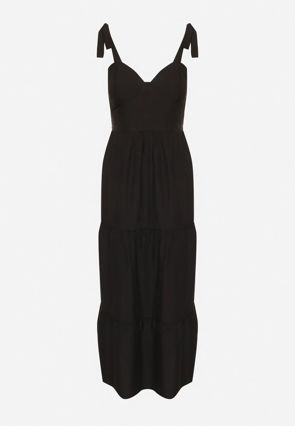 Born2be - Czarna Rozkloszowana Sukienka z Wiskozą Ozdobiona Wiązaniem na Ramiączkach Meravessa. Okazja: na spacer. Kolor: czarny. Materiał: wiskoza. Długość rękawa: na ramiączkach. Wzór: aplikacja