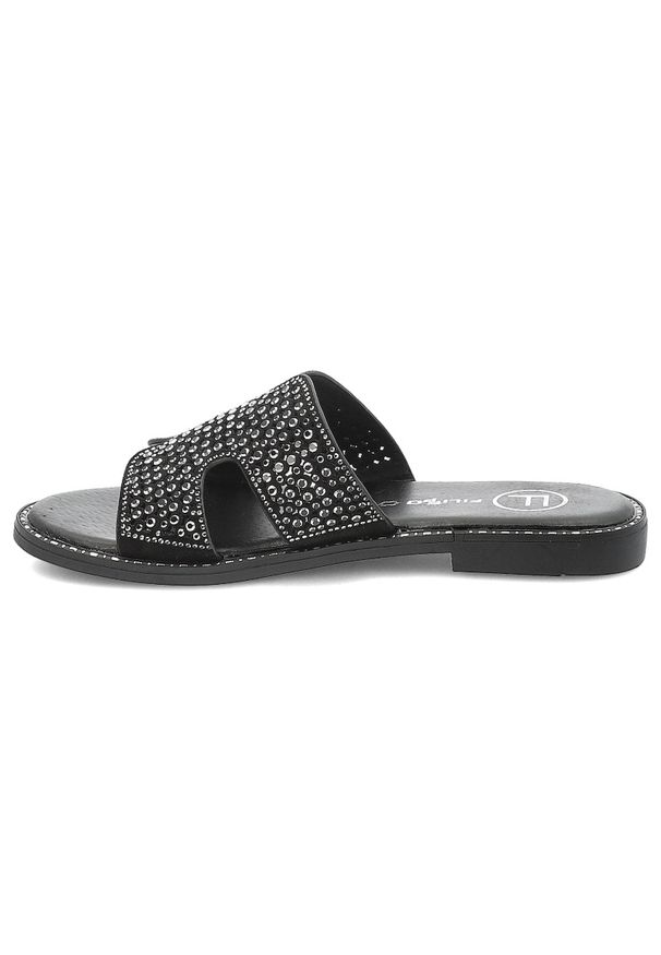 Czarne Klapki Filippo Modne Obuwie Damskie. Okazja: na co dzień. Kolor: czarny. Materiał: materiał. Wzór: aplikacja. Obcas: na płaskiej podeszwie. Styl: casual, elegancki