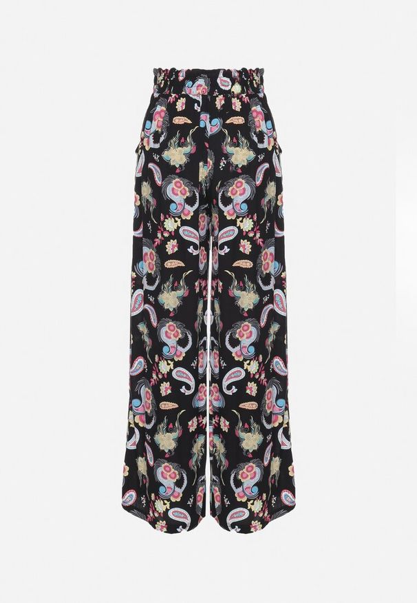 Born2be - Czarno-Różowe Spodnie z Bawełny z w Stylu Boho z Szerokimi Nogawkami i Gumką w Talii Jelvia. Kolor: czarny. Materiał: bawełna. Sezon: lato. Styl: boho